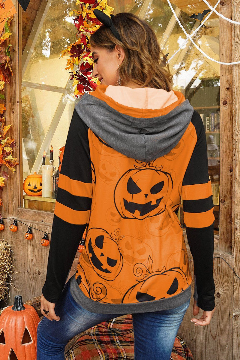 Halloween Pumpkin Print Double Hoods Sweatshirt