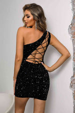 Sequin Lace-Up One-Shoulder Bodycon Dress