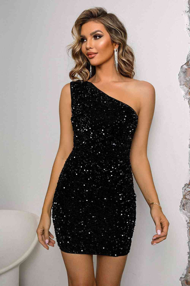 Sequin Lace-Up One-Shoulder Bodycon Dress
