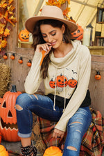 Halloween Print Color Block Drawstring Sweatshirt
